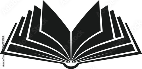 Black and white open book vector icon with fan spread pages for education, literacy, library, bookstore, storytelling, publishing, school, learning, reading, and literature.