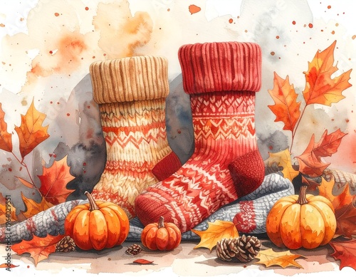 Watercolor painting of cozy socks, pumpkins, leaves, and a textured blanket in autumn colors and a muted background