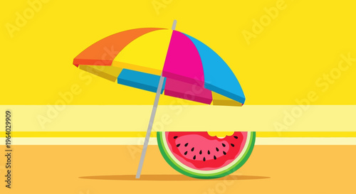 Colorful beach umbrella and watermelon slice.