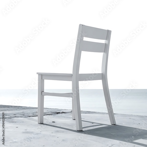 White chair stands alone on concrete overlooking ocean. Background is blurry white