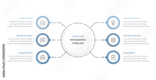 Infographic template with a central circle connected to six options for data visualization, mind map or flow chart template