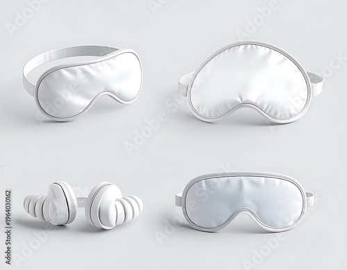 White eye masks and noise-canceling earbuds on a plain backdrop, casting soft shadows