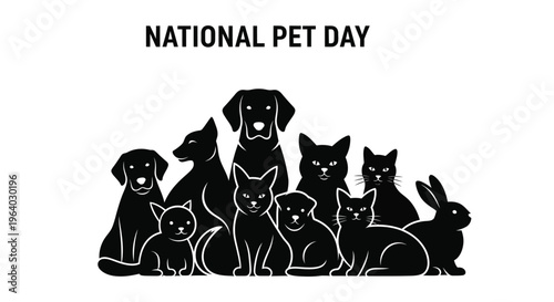 Vector illustration celebrating National Pet Day with a diverse group of beloved animal companions and graphic text.
