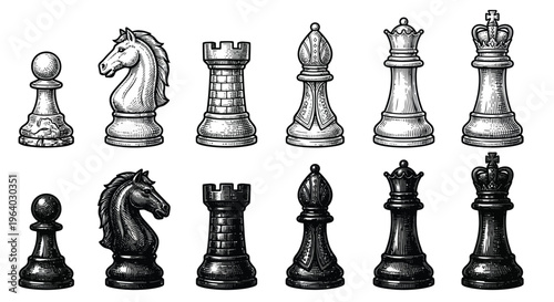 Detailed engraving of chess pieces arranged in two rows