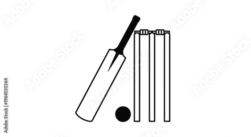A black and white illustration of a cricket bat ball and wickets