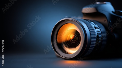 DSLR Camera Lens with Dynamic Lighting in Studio Environment