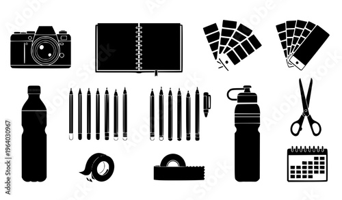Creative Design Tools and Workspace Icon Set Featuring Camera, Notebook, Color Swatches, Ink Bottles, Pens, Tape, Ruler, Scissors, and Calendar for Art and Office Use