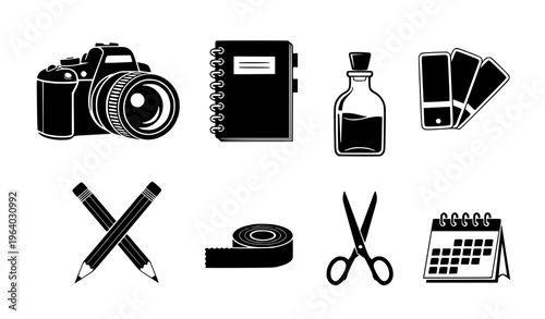 Creative Design and Photography Icon Set Featuring Camera, Notebook, Ink Bottle, Color Swatches, Pencil, Ruler, Scissors, and Calendar for Art and Workspace Use