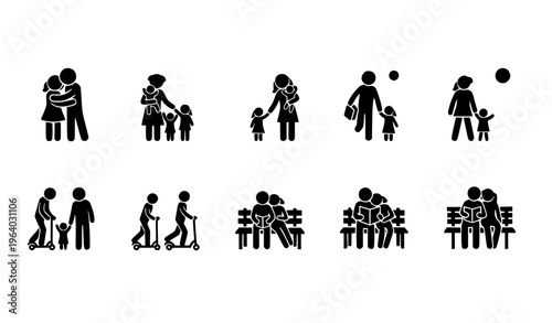 Set of Family and Community Silhouette Icons with Parents, Children, Groups, and Social Interaction Scenes in Minimal Black Style for Lifestyle and Relationship Design