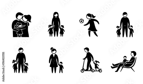 Collection of Parenting and Family Care Icons with Mother, Father, Children, Baby Stroller, and Childcare Activities in Minimal Black Style for Lifestyle and Social Design