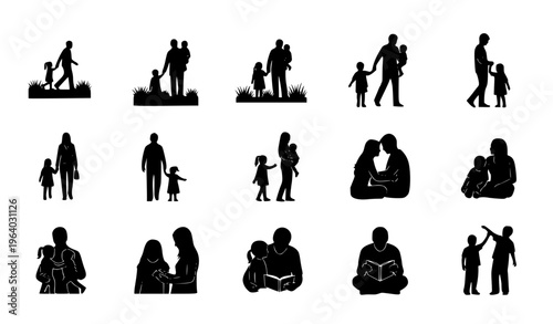 Set of Family and Parenting Silhouette Icons with Couples, Parents, Children, Reading, and Outdoor Activities in Minimal Black Style for Lifestyle and Social Design