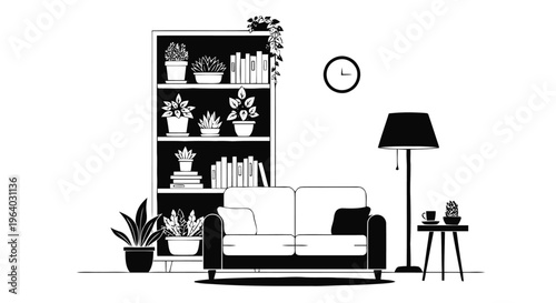 Vector illustration of modern living room interior with sofa, bookshelf, plants, and floor lamp