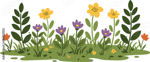 Colorful flowers and leaves growing in a lush green patch of grass on a white background