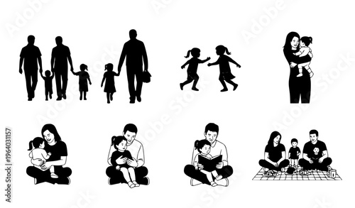 Collection of Family Silhouette Icons with Parents, Children, Couples, and Parenting Scenes in Minimal Black Style for Lifestyle, Relationship, and Social Design Projects