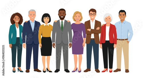 Diverse group of professionals standing together smiling and looking forward