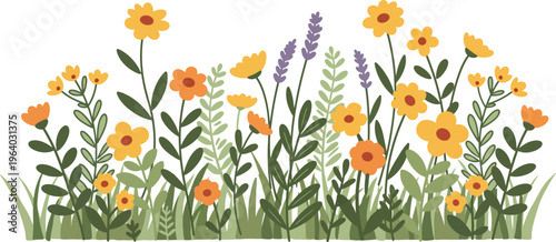 Vibrant orange flowers and green grass on white background illustration