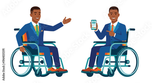 Two businessmen in wheelchairs presenting and discussing mobile technology