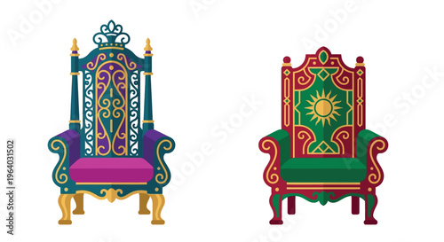 Two ornate colorful thrones with intricate designs and regal details