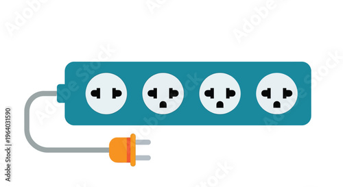 A teal power strip with four outlets and a connected plug