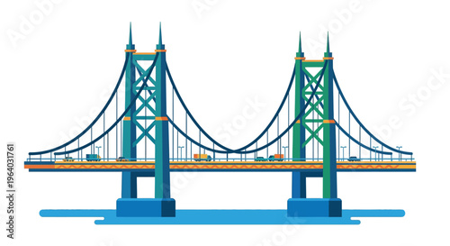 Colorful illustration of a suspension bridge with vehicles on the roadway