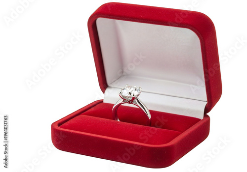 Diamond ring in red velvet jewelry box isolated on transparent background