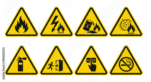 Collection of yellow warning and prohibition safety signs with black symbols