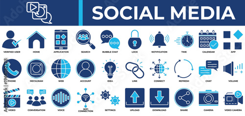 Social Media icon set collection. Containing residence, link, program, share, info, search, voice .Solid vector icons collection