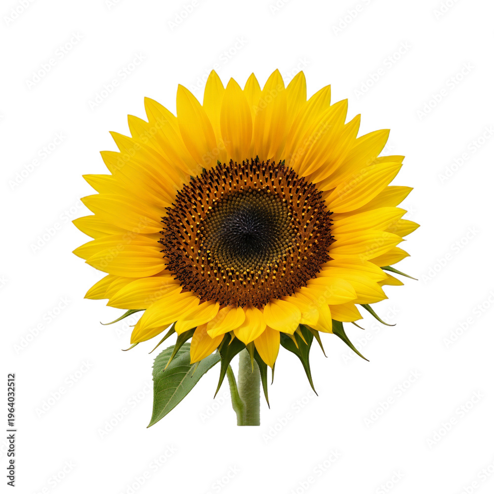 Obraz premium Vibrant yellow sunflower with green leaves isolated on transparent background