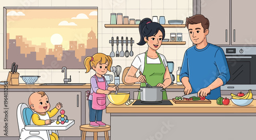 Family cooking together in kitchen.