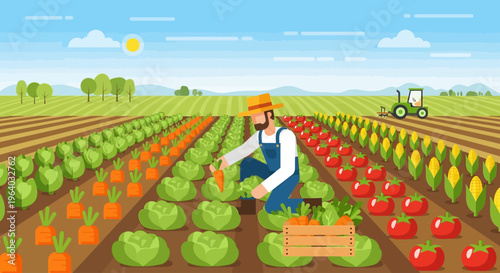 Farmer harvesting fresh vegetables in field.