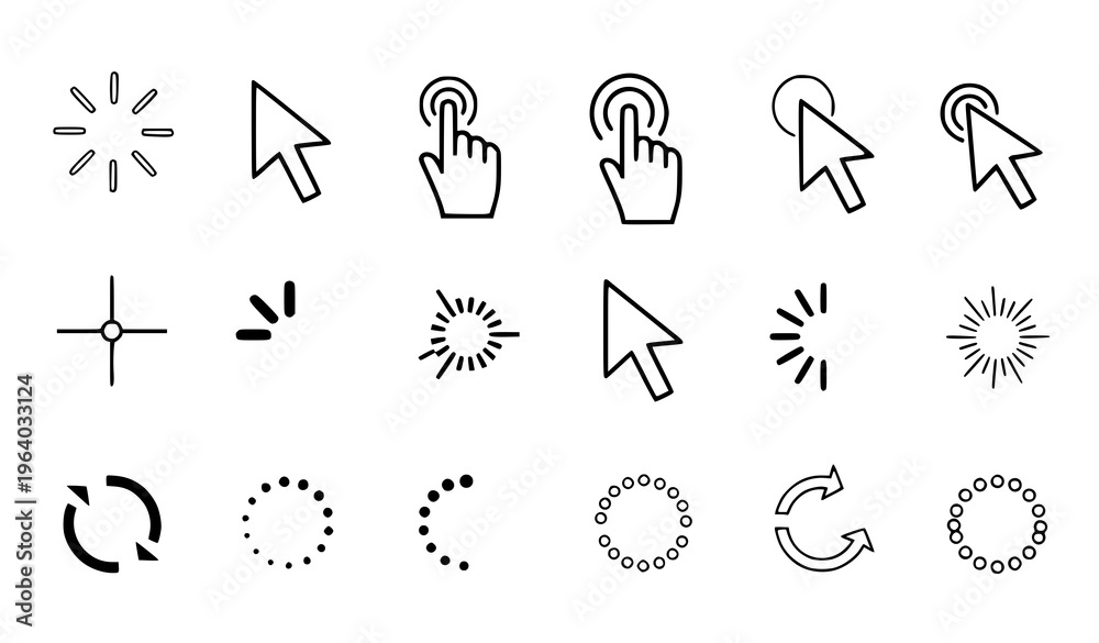 Fototapeta premium User Interface Cursor and Loading Icon Set Featuring Pointer Clicks, Spinners, Progress Indicators, Refresh Arrows, and Interaction Symbols for Web and App Design