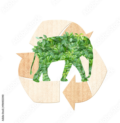 Arrows recycle symbol and Elephant silhouette made of green leaves. Renewable resources. Eco-friendly, Ecology, go green, Green Energy, environmental, wildlife protection concept. Isolated on white