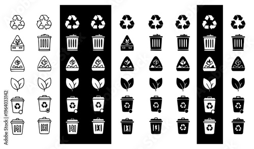  Recycling and Waste Management Icon Set Featuring Trash Bins, Recycle Symbols, Sorting Categories, and Environmental Disposal Signs for Sustainability and Eco Design
