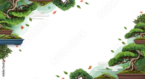 Bonsai Trees Frame, Lush Green Miniature Plants, Japanese Garden Art, Nature Decor