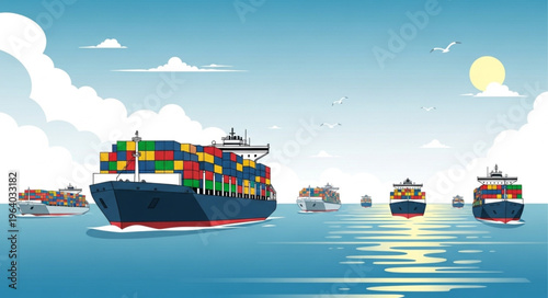 Container Ships Navigating the Ocean - A Vibrant Maritime Scene.