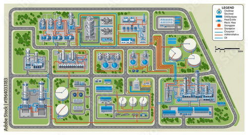Detailed Layout of an Industrial Plant with Various Structures.