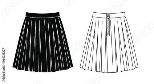 Vector illustration of set of two pleated skirts with zipper front and solid black design