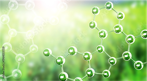 Horizontal sunny background with organic molecular structure with green hues. 3d glass atom model. Ecology, go green, Green Energy, environmental, conservation protection concept. Copy space for text