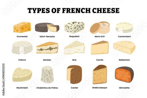 Different types of french cheese types set collection. Emmental saint nectarine roquefort, mont d or, camembert chevre morbier, brie, comte reblochon neufchatel, chabichou cantal brebis mimolette.