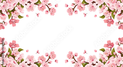 Cherry Blossom Branches Frame, Pink Flowers Blooming Spring Season, Delicate Floral Border