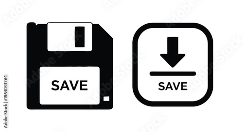 Vector illustration of save icon set, floppy disk and download arrow symbols