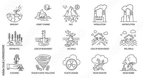 Environmental Issues Icons - Pollution, Climate Change, and Natural Disasters.