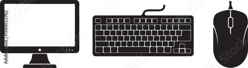 Computer, keyboard, mouse, office equipment, black, vector graphics isolated on Transparent Background