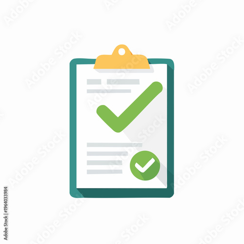 Illustration of a clipboard with a green checkmark on a document against a clean white background.