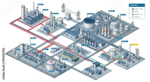 Isometric View of an Industrial Plant Complex with Interconnected Units.
