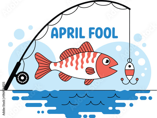 Cartoon fish on a fishing line for April Fool's Day with bobber and hook