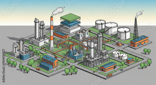 Industrial Complex Illustration - A Detailed Overview of a Manufacturing Plant.