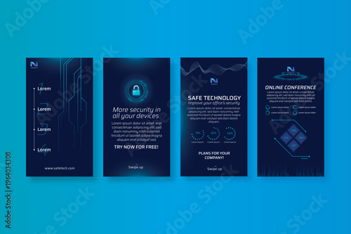 A collection of four dark blue brochures on a light blue background, showcasing safe technology and online security