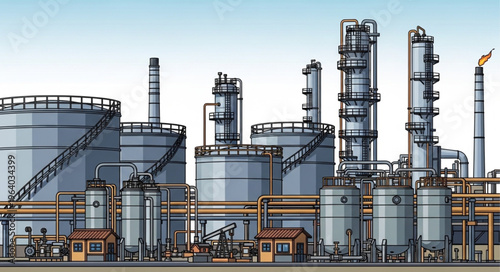 Detailed Illustration of an Industrial Oil Refinery Complex.