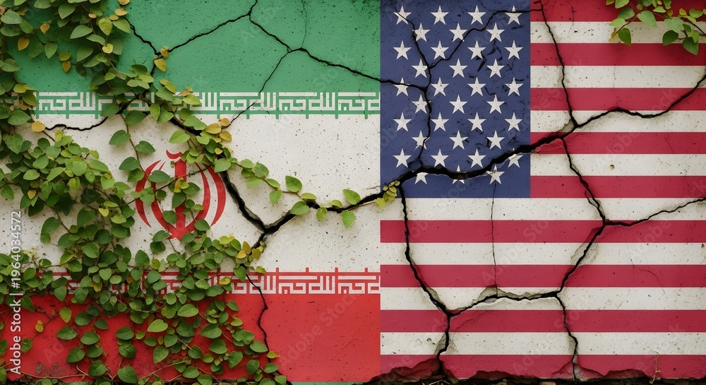 Fototapeta premium Cracked wall with USA and Iran flags, geopolitical conflict concept, broken concrete background